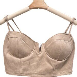 Blashe Faux Suede Corset Bustier Crop Top Blouse Beige Spaghetti Straps Large